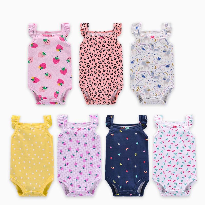 High Quality 6-24 Months Baby Girls Clothes 100% Cotton Baby Onsies Baby Ribbed Summer Bodysuit With Ruffle Sleeves