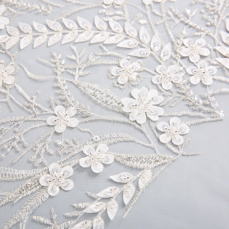 Design Polyester Luxury Beautiful White Sequin Bead Embroidery Tulle Wedding Net Fabric Wholesale For Bridal Dress