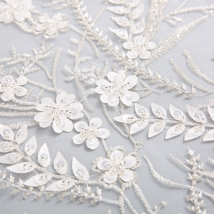 Design Polyester Luxury Beautiful White Sequin Bead Embroidery Tulle Wedding Net Fabric Wholesale For Bridal Dress