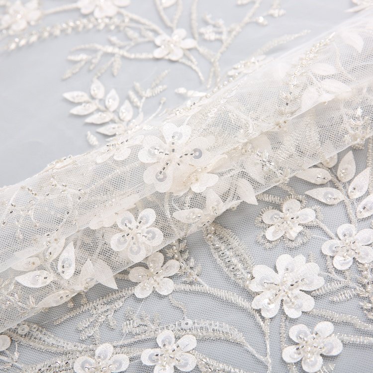 Design Polyester Luxury Beautiful White Sequin Bead Embroidery Tulle Wedding Net Fabric Wholesale For Bridal Dress