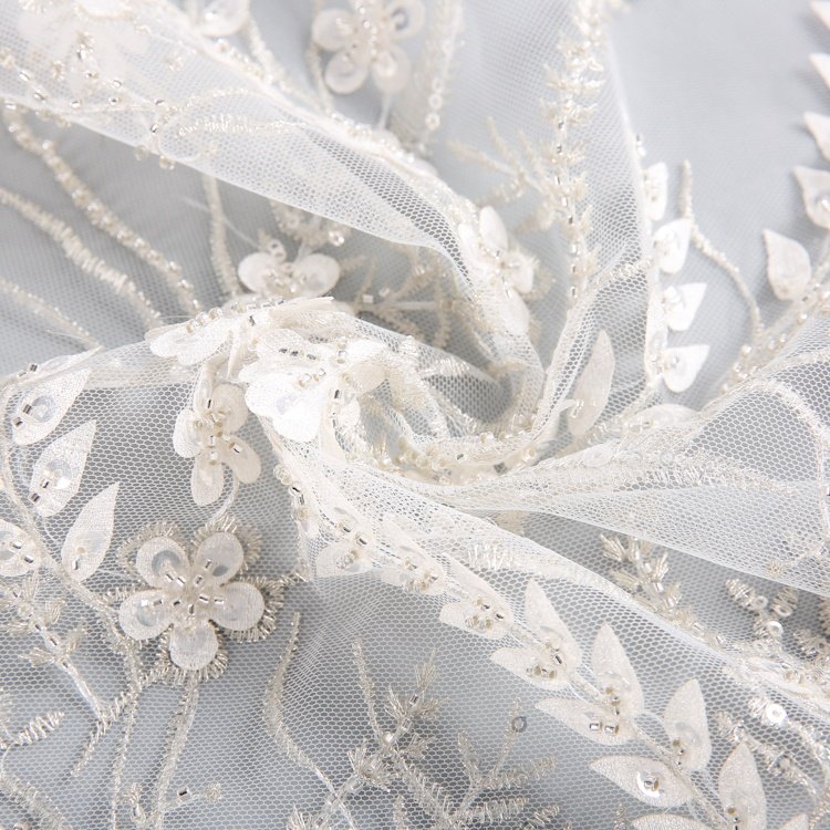 Design Polyester Luxury Beautiful White Sequin Bead Embroidery Tulle Wedding Net Fabric Wholesale For Bridal Dress