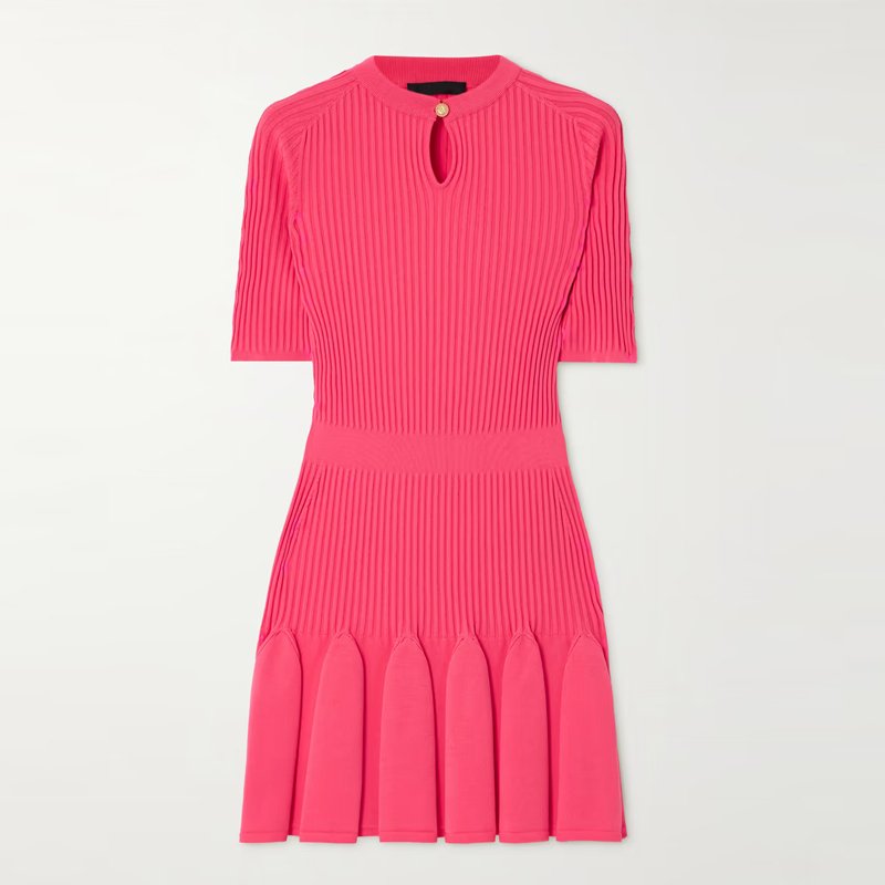 Knitwear manufacturer custom spring summer pink crew neck short sleeved ribbed knit women sweater mini dress