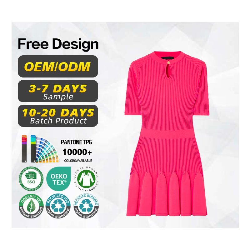 Knitwear manufacturer custom spring summer pink crew neck short sleeved ribbed knit women sweater mini dress
