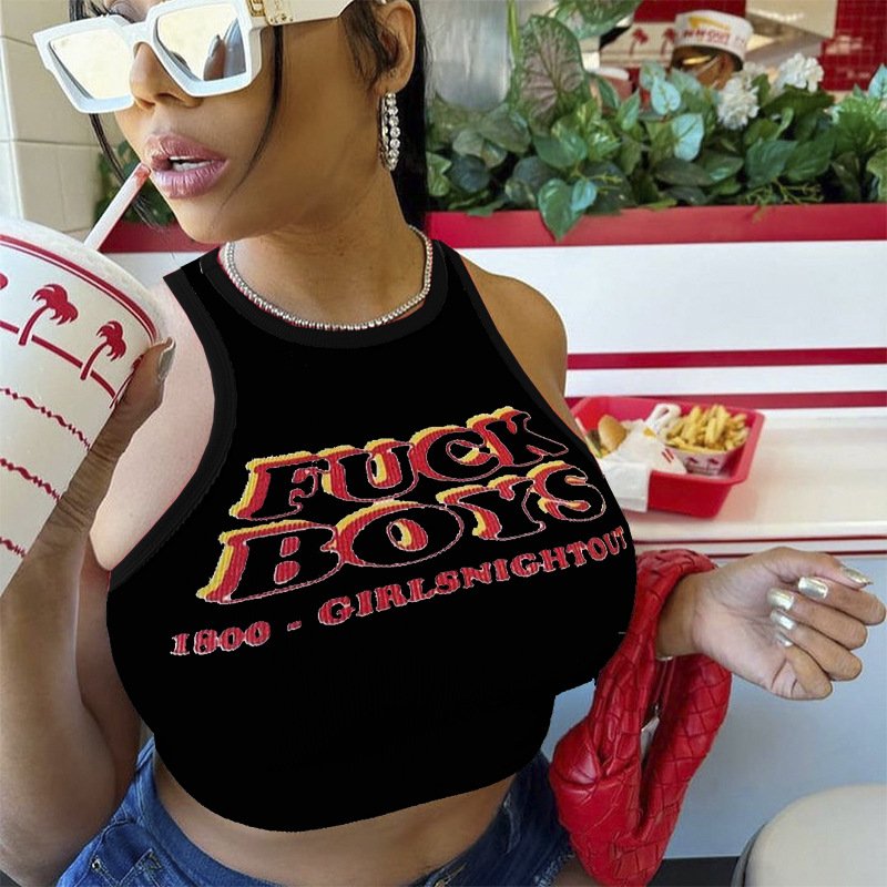 Knitted Letter Print Crop Top Tshirt Retro Summer Hot Girl Baby Tee Y2K Racer Back Ribbed Tank Tops Women