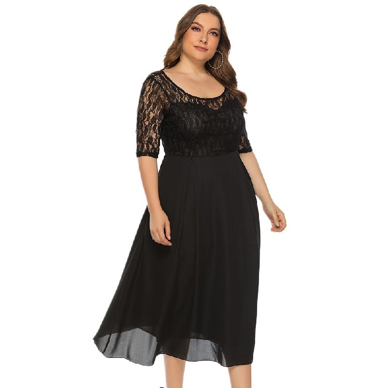 Customized high quality Ladies black shirt high quality lace dress Summer 2022 new knee length plus size dress