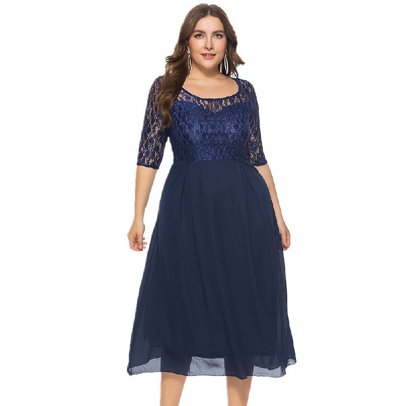 Customized high quality Ladies black shirt high quality lace dress Summer 2022 new knee length plus size dress