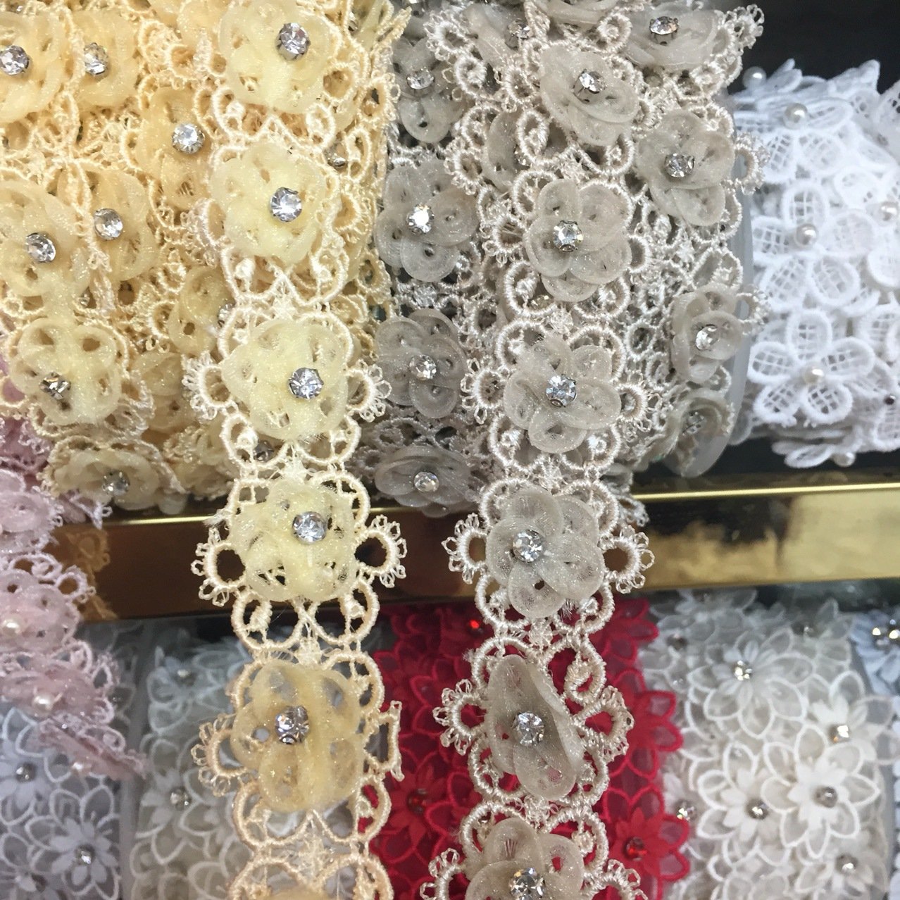Diamond Flower Rhinestone Embroidered Lace Trimming Ribbon Sewing Supplies Craft For Apparel Costumes Decoration