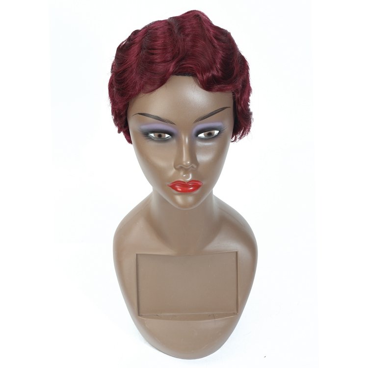 Short Pixie Cut Finger Wave Wig 100% Human Hair, 99j# Non Lace Machine Made Pixie Wavy Short Human Hair Wigs for Black Women