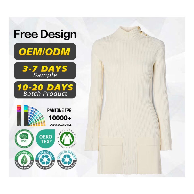 Knitwear manufacturer custom autumn winter white turtleneck long sleeved rib knit women's sweater dress