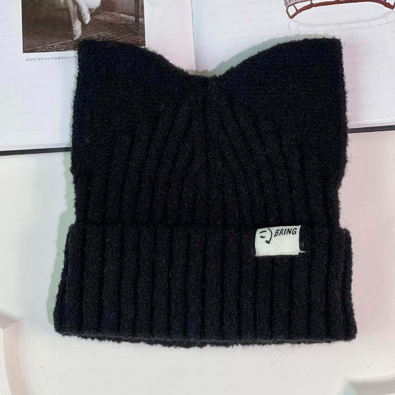 High Quality Custom Logo Y2k Casual Blank Plain Unisex Outdoor Winter Warm Skull Cap Knitted Hat Ribbed Beanie With Cat Ears