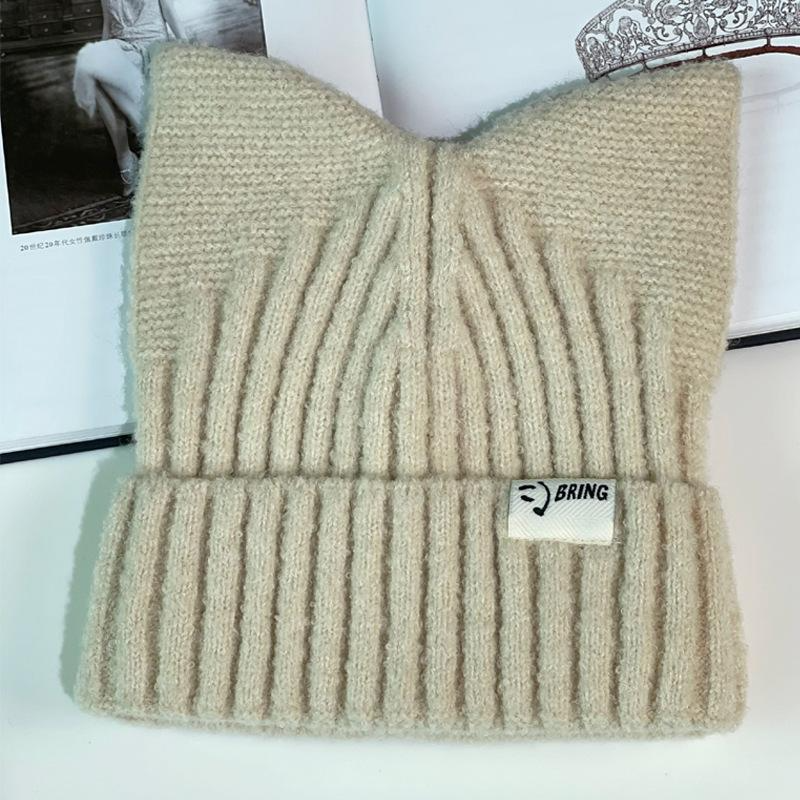 High Quality Custom Logo Y2k Casual Blank Plain Unisex Outdoor Winter Warm Skull Cap Knitted Hat Ribbed Beanie With Cat Ears