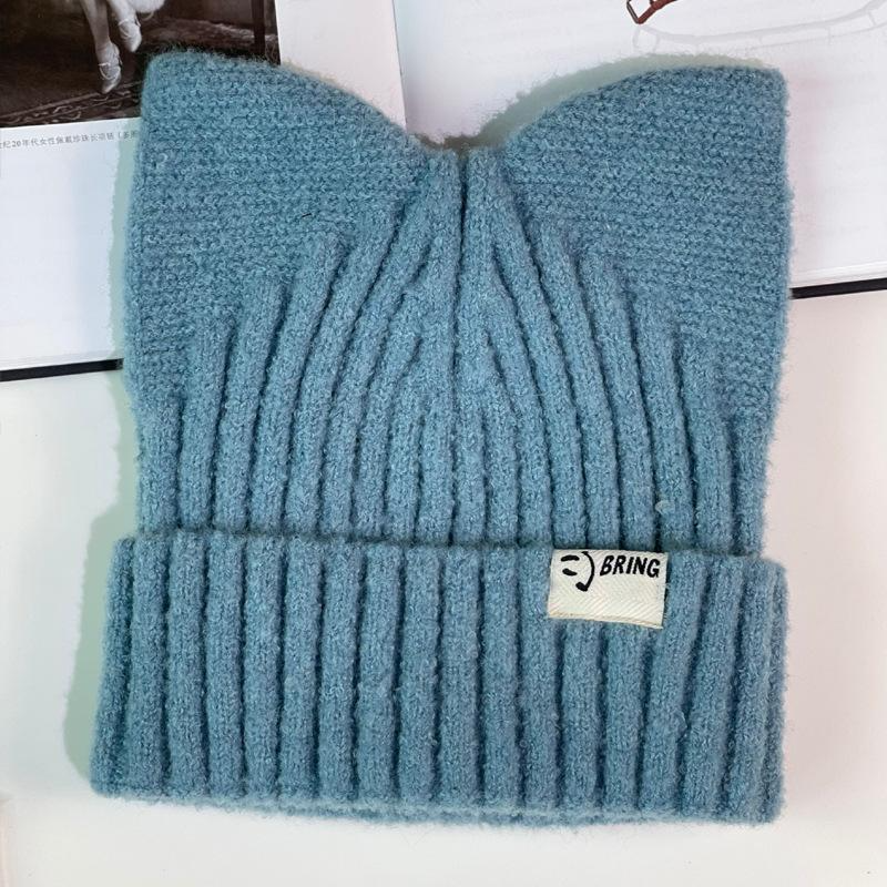 High Quality Custom Logo Y2k Casual Blank Plain Unisex Outdoor Winter Warm Skull Cap Knitted Hat Ribbed Beanie With Cat Ears