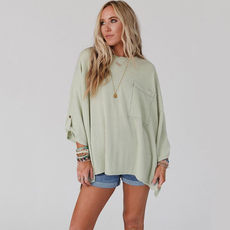 Quanzhou Pocket Oversize Ribbed Solid Color Trending Casual Knitted Tops For Women