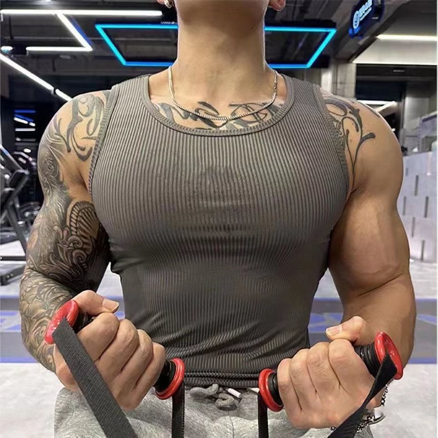 ET-106 Custom slim fit sport ribbed tank top men fitness workout sleeveless vest t shirts Compression gym wear singlet