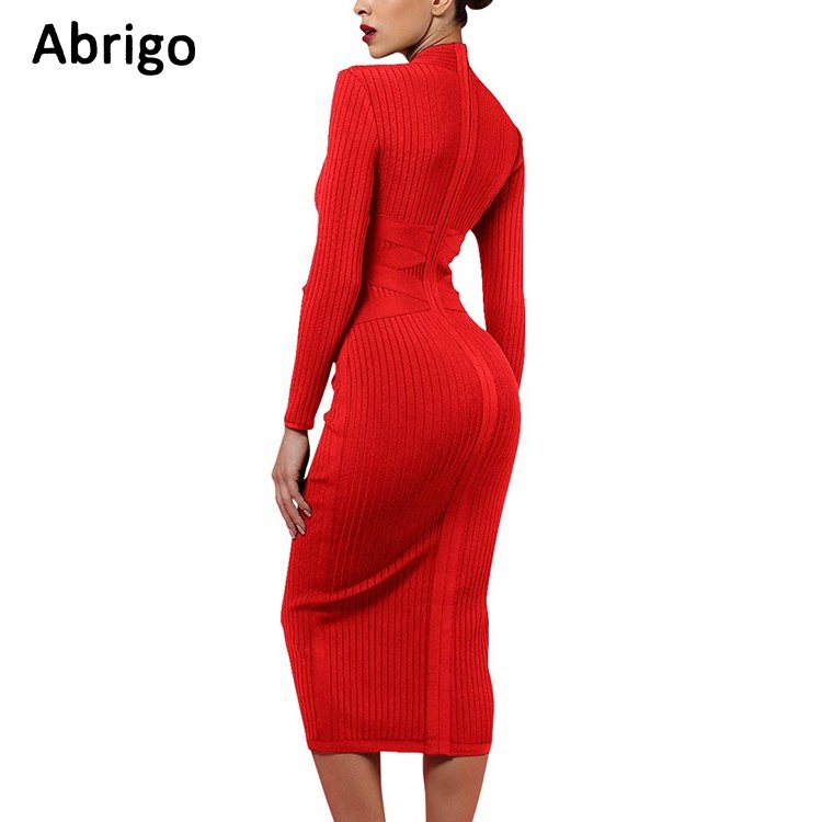 High quality formal knitted rib long sleeve bandage dress for women Elegant stand collar midi dress spring autumn casual Dresses
