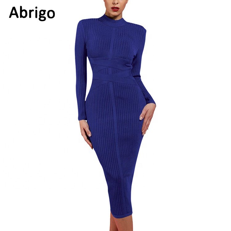 High quality formal knitted rib long sleeve bandage dress for women Elegant stand collar midi dress spring autumn casual Dresses