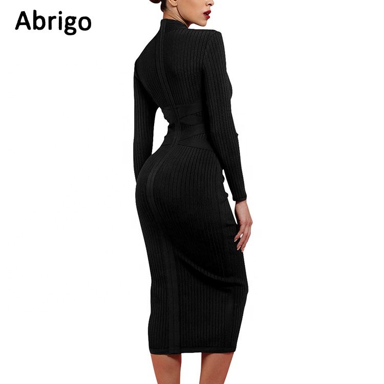 High quality formal knitted rib long sleeve bandage dress for women Elegant stand collar midi dress spring autumn casual Dresses