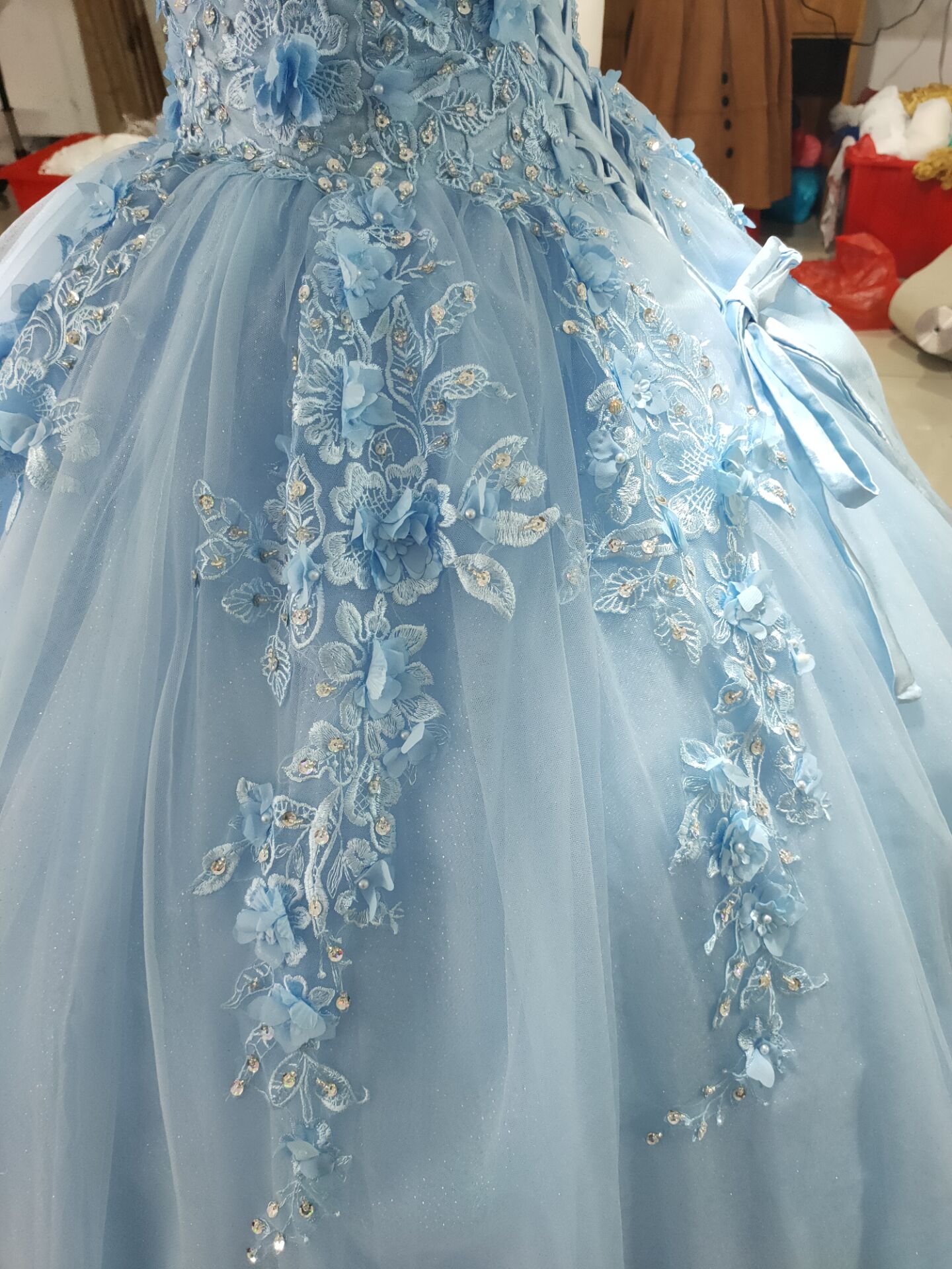 Off Shoulder Designer 3D Lace Applique Sweet 15 16 Dresses Plus Size Ball Gown Blue Tulle Quinceanera Dresses