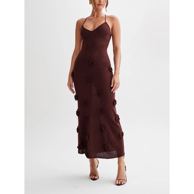 Custom Fashion Hollowed-out Holiday Off-The-Shoulder Flared Long Sleeves Knit Rib Beach Marissa Maxi dress