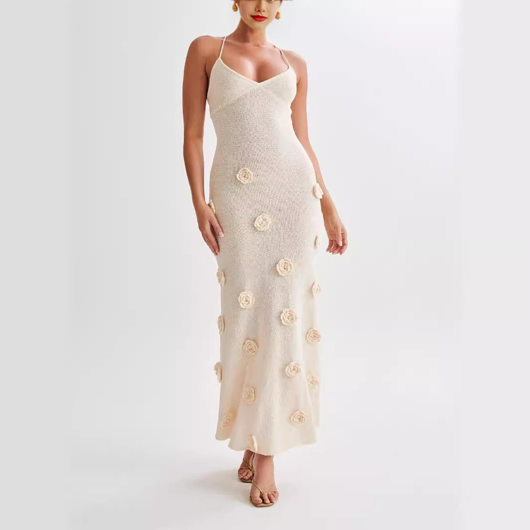 Custom Fashion Hollowed-out Holiday Off-The-Shoulder Flared Long Sleeves Knit Rib Beach Marissa Maxi dress
