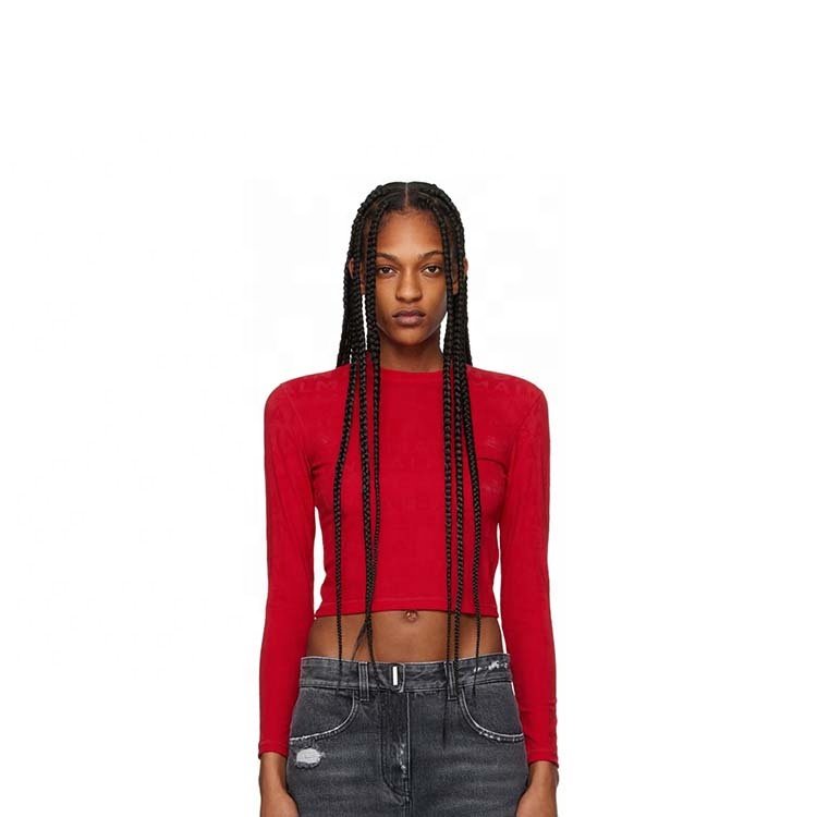 High quality custom long sleeve red crewneck cropped t shirt for women