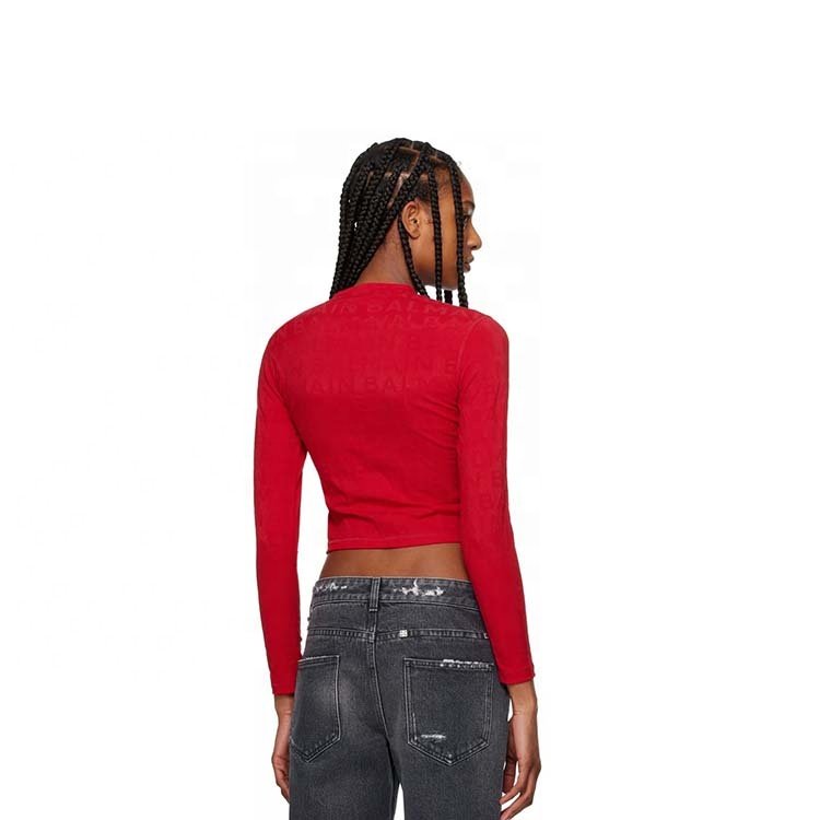 High quality custom long sleeve red crewneck cropped t shirt for women