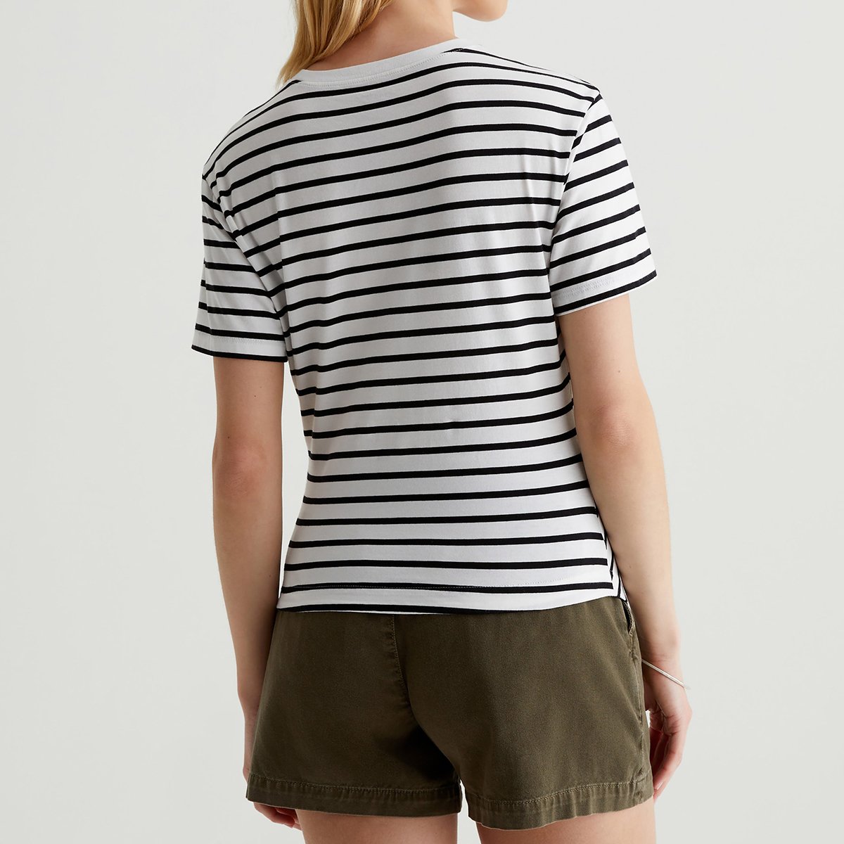 OEM/ODM Custom Striped Stretch Jersey Women's Asymmetric Draped Crewneck Tee - Side Pleats, Uneven Hem, Soft Luxury