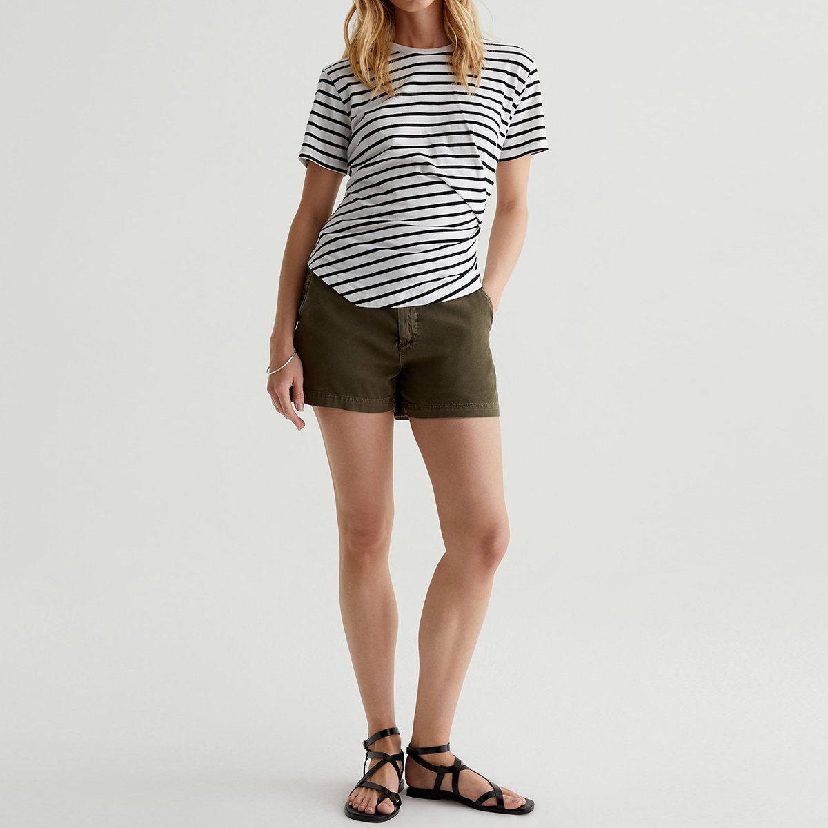 OEM/ODM Custom Striped Stretch Jersey Women's Asymmetric Draped Crewneck Tee - Side Pleats, Uneven Hem, Soft Luxury