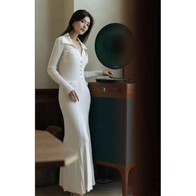 French Elegant Dress Knitted Dress Casual 100% Polyester Spring Dress Pencil Empire New Thread Flip V-neck Long Sleeve Ivory