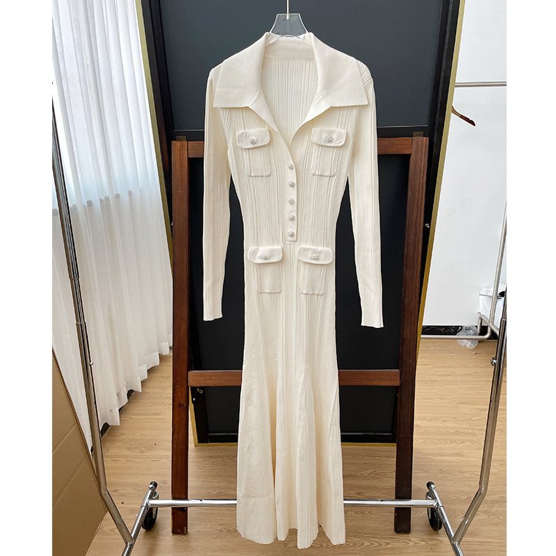 French Elegant Dress Knitted Dress Casual 100% Polyester Spring Dress Pencil Empire New Thread Flip V-neck Long Sleeve Ivory