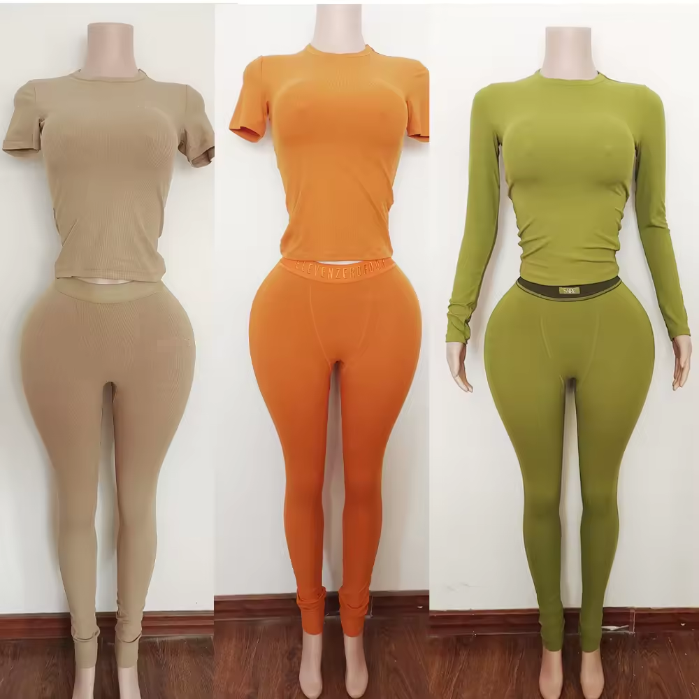 Fall Winter Women Set Custom Logo and Color Loungewear Cotton Ribbed Outfits Short Sleeve Shirt Women Leggings Two Pieces Set