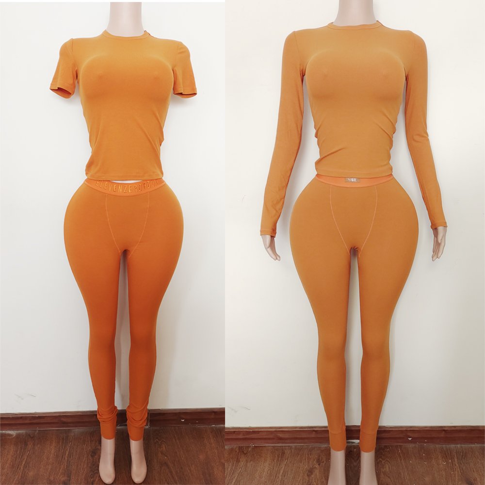 Fall Winter Women Set Custom Logo and Color Loungewear Cotton Ribbed Outfits Short Sleeve Shirt Women Leggings Two Pieces Set