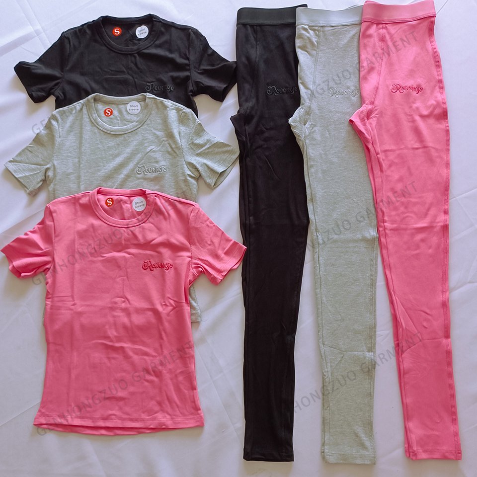 Fall Winter Women Set Custom Logo and Color Loungewear Cotton Ribbed Outfits Short Sleeve Shirt Women Leggings Two Pieces Set