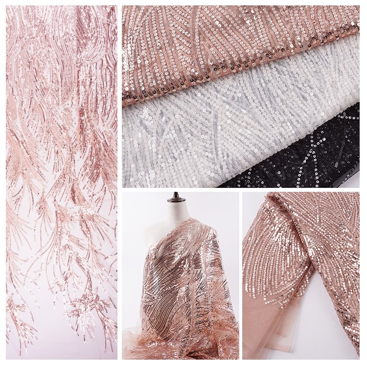 Fast delivery stylish pink luxury custom sequins mesh embroidered lace fabrics for evening dress