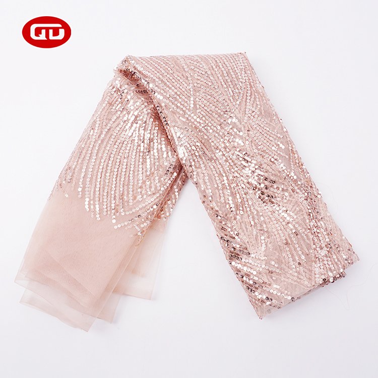 Fast delivery stylish pink luxury custom sequins mesh embroidered lace fabrics for evening dress