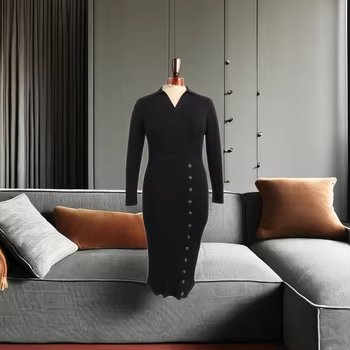 OEM Customizable Sexy V-Neck Ribbed Knitted Midi Dress Formal Party Nylon knee-Length Bodycon Ladies Dress