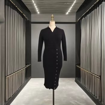 OEM Customizable Sexy V-Neck Ribbed Knitted Midi Dress Formal Party Nylon knee-Length Bodycon Ladies Dress