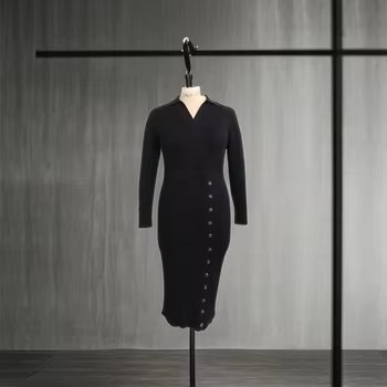 OEM Customizable Sexy V-Neck Ribbed Knitted Midi Dress Formal Party Nylon knee-Length Bodycon Ladies Dress