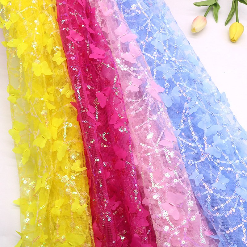 Fantasy tulle 3D embroidered sequin mesh fabric glitter sequin dress fabric with small flora flower embroidery fabric