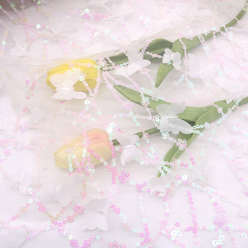 Fantasy tulle 3D embroidered sequin mesh fabric glitter sequin dress fabric with small flora flower embroidery fabric