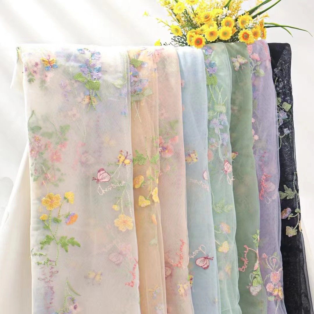 Factory Soft Mesh Small Flower Butterfly Lace Embroidery Fabric For Wedding Stage Dress