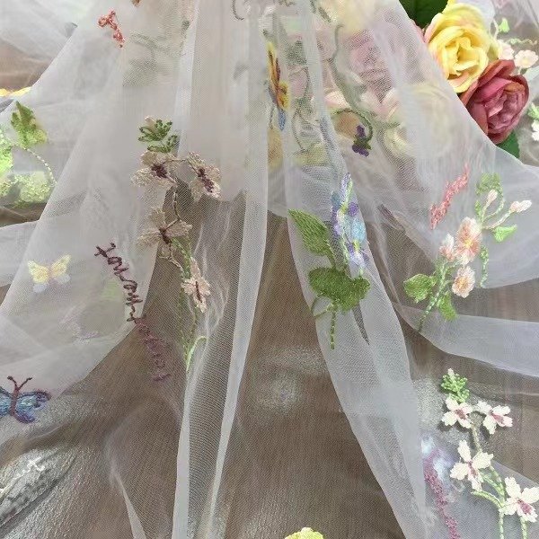 Factory Soft Mesh Small Flower Butterfly Lace Embroidery Fabric For Wedding Stage Dress