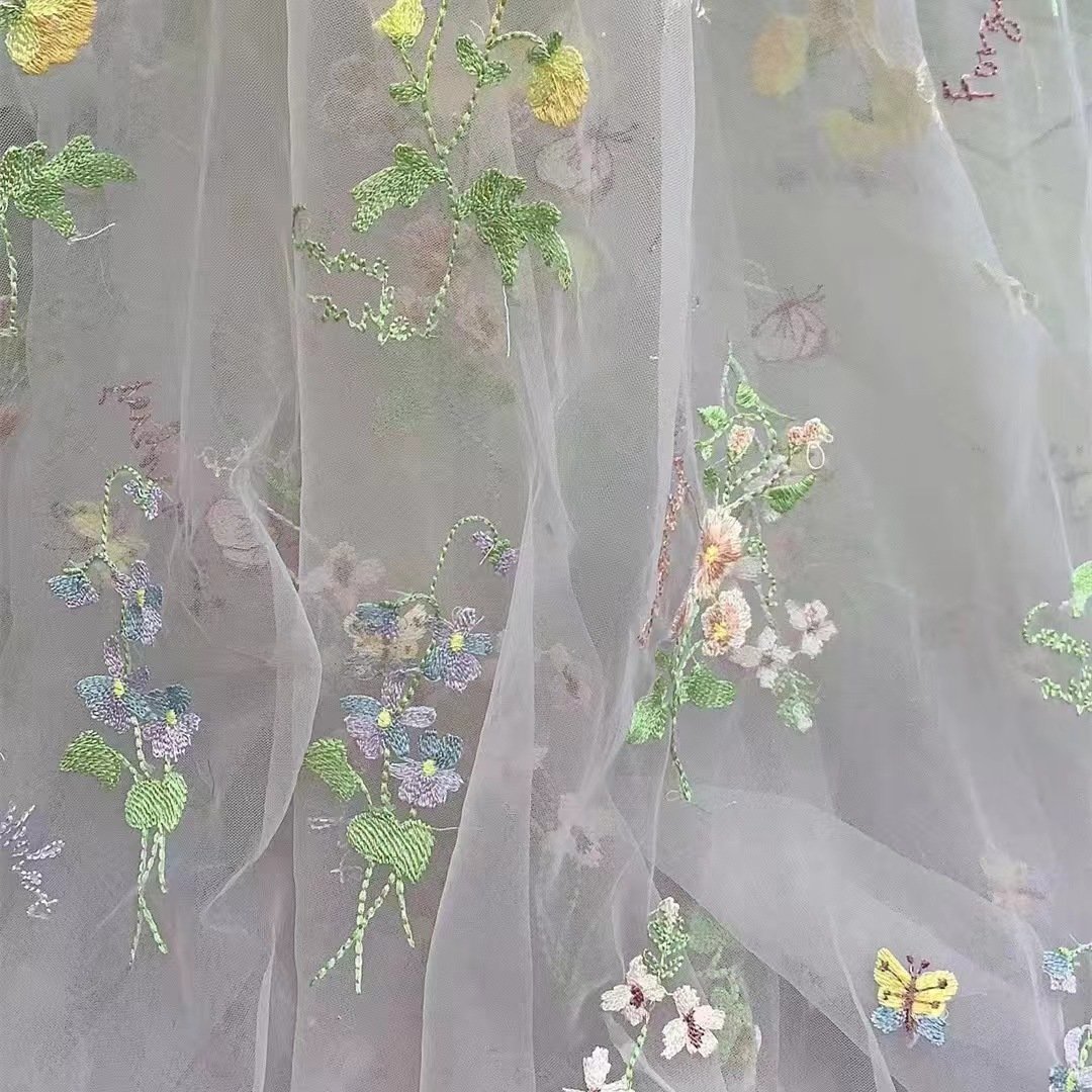 Factory Soft Mesh Small Flower Butterfly Lace Embroidery Fabric For Wedding Stage Dress