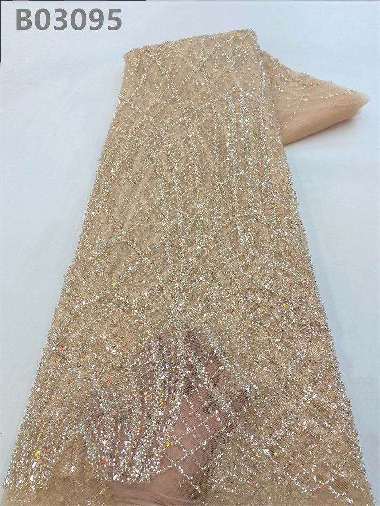 2023 New Fashion French White Mesh Lace Fabric Glitter Luxury Heavy Beaded Lace Fabric