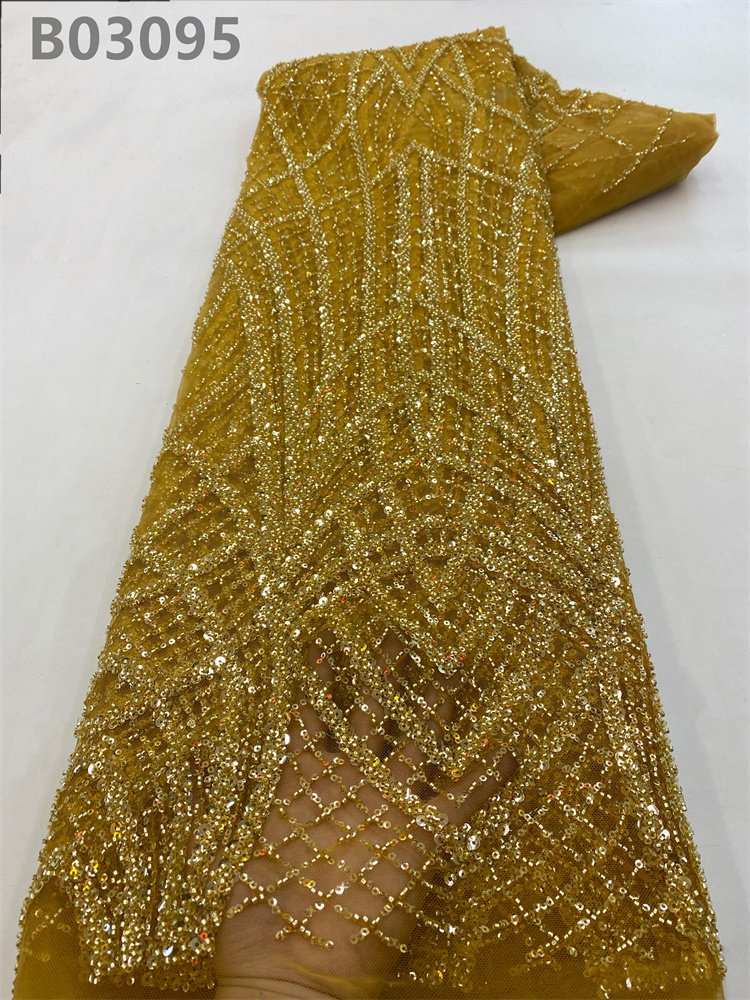 2023 New Fashion French White Mesh Lace Fabric Glitter Luxury Heavy Beaded Lace Fabric