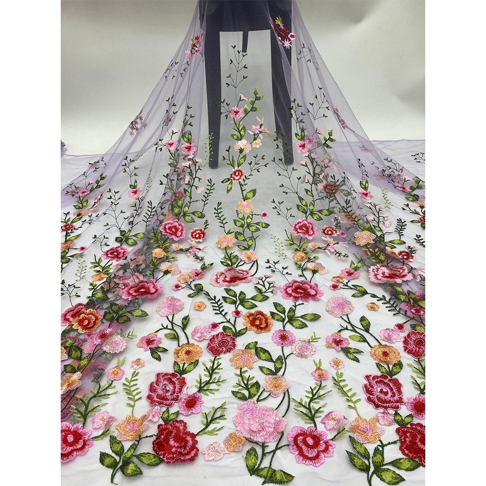 Wholesale Embroidery 3D flower wedding dress fabric material Luxury Bridal Embroidered party dress FLORAL tulle lace fabric