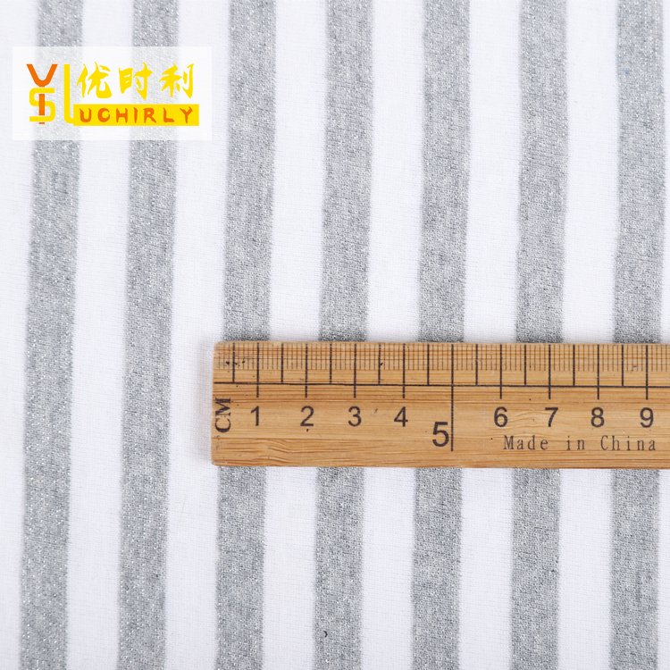 32S cotton nylon lurex 1x1 gray white stripe design yarn dyed rib fabric