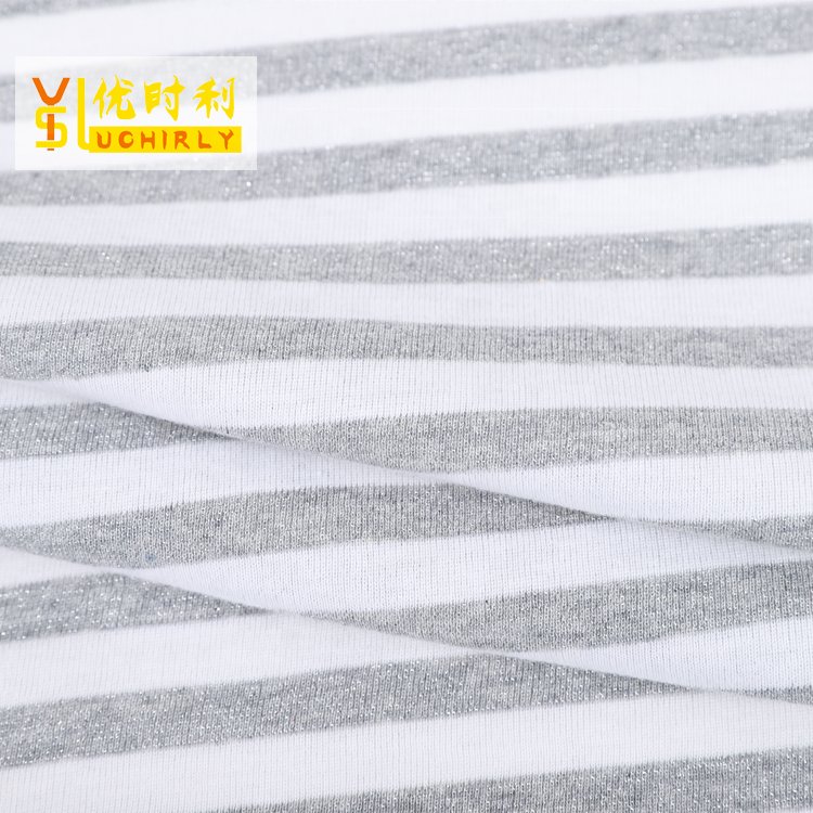 32S cotton nylon lurex 1x1 gray white stripe design yarn dyed rib fabric
