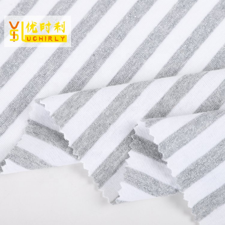32S cotton nylon lurex 1x1 gray white stripe design yarn dyed rib fabric