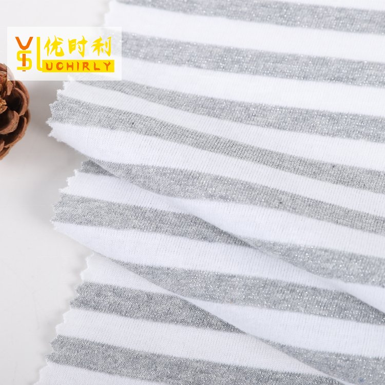 32S cotton nylon lurex 1x1 gray white stripe design yarn dyed rib fabric